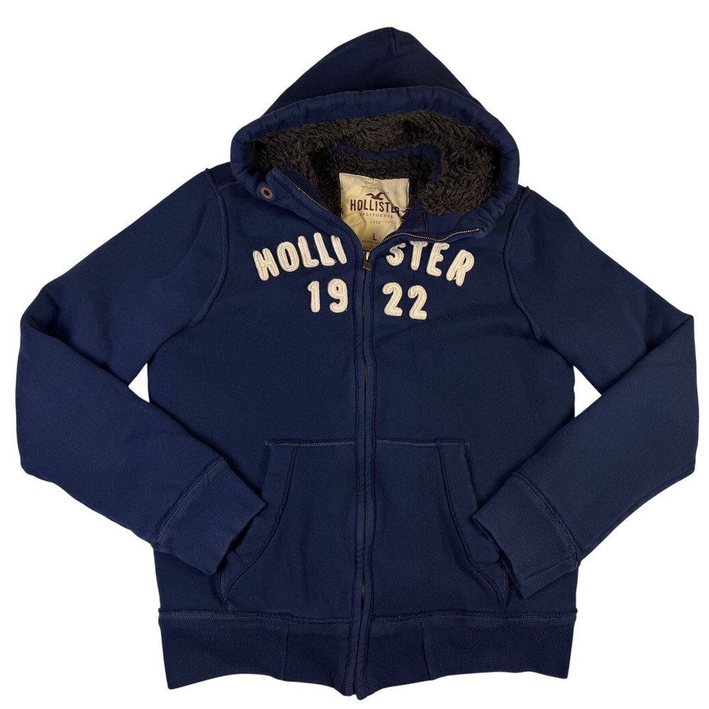 Hollister Men Sherpa Lined Zip Hoodie Navy‎ Blue 1922 Y2K Retro Sweatshirt Sz L